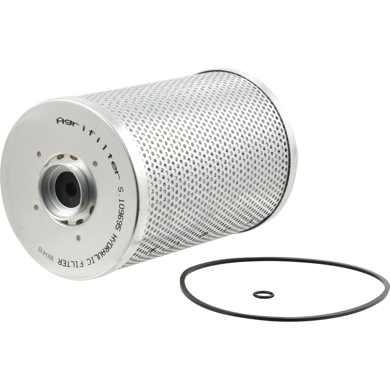 A cylindrical Sparex Hydraulic Filter - Element, Part No. S.109695, and a small O-ring lay flat on a white surface. The filter housing features perforations and markings.