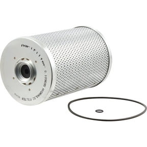 A cylindrical Sparex Hydraulic Filter - Element, Part No. S.109695, and a small O-ring lay flat on a white surface. The filter housing features perforations and markings.