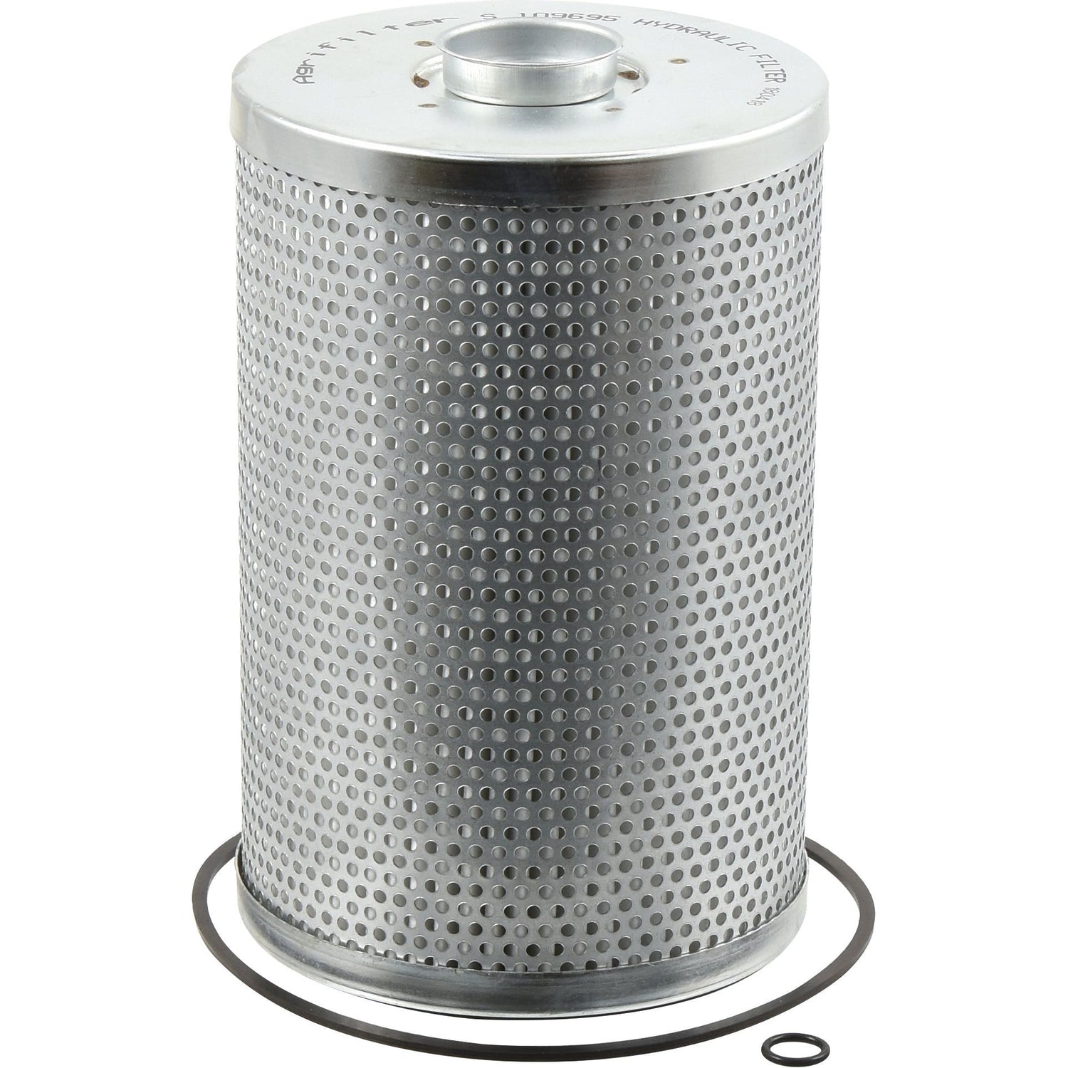 Image of a metallic, cylindrical hydraulic filter with a perforated surface, placed on a white background. A small rubber O-ring is also visible next to the Sparex Hydraulic Filter - Element (Part No. S.109695).