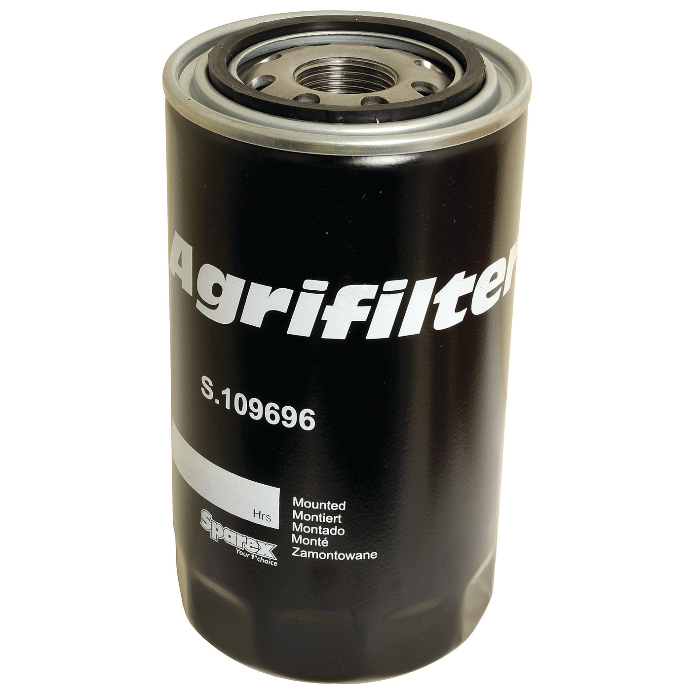 A black cylindrical oil filter from Sparex with model number S.109696, labeled "Spin On" in multiple languages, and suitable for Case IH.