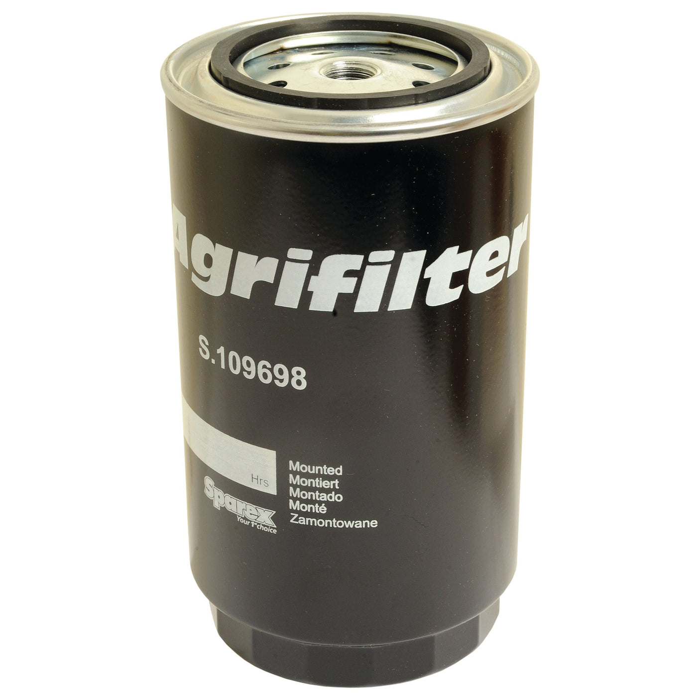 A black cylindrical Sparex Fuel Filter, Spin On model FF5229 (Sparex Part No. S.109698), with "Spin On Fuel Filter" printed on it. The filter features text indicating it is mounted in multiple languages and is compatible with Case IH equipment.