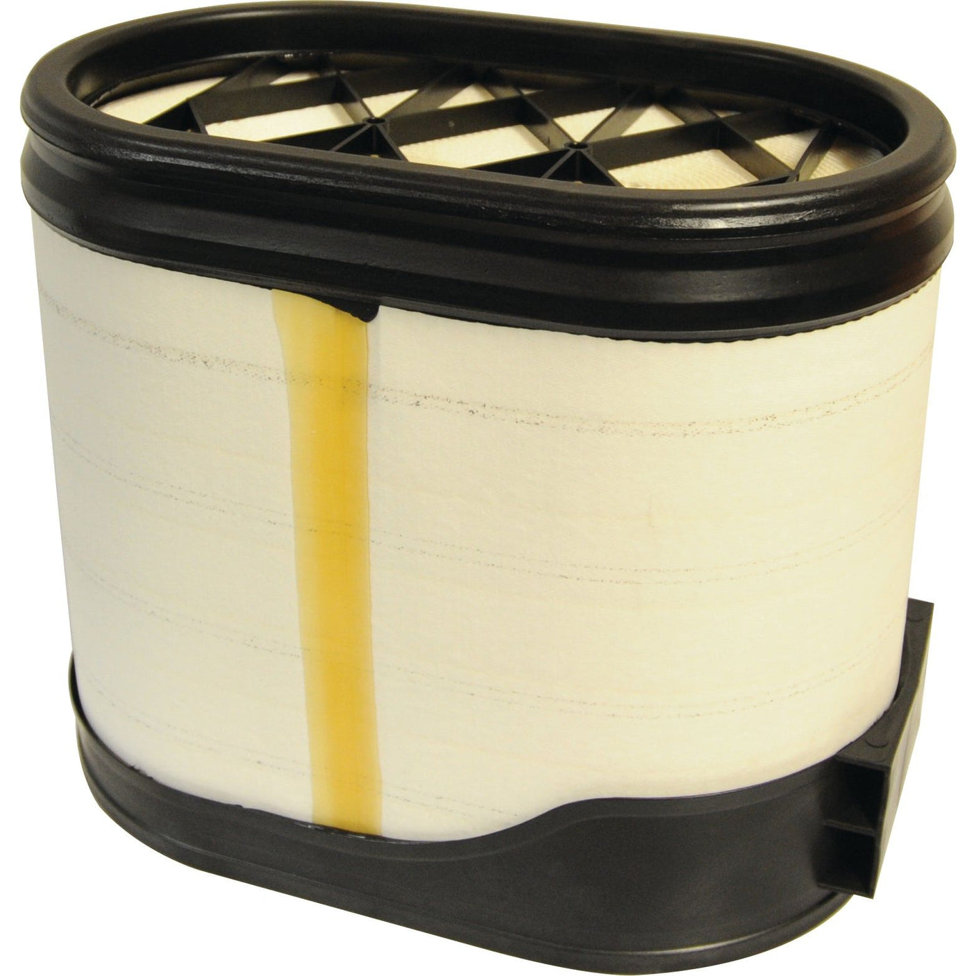 The Air Filter - Outer (Sparex Part No. S.109702) by Sparex is a cylindrical air filter cartridge compatible with Donaldson Filters, featuring a black plastic frame and pleated white filter material with a distinct vertical yellow stain.