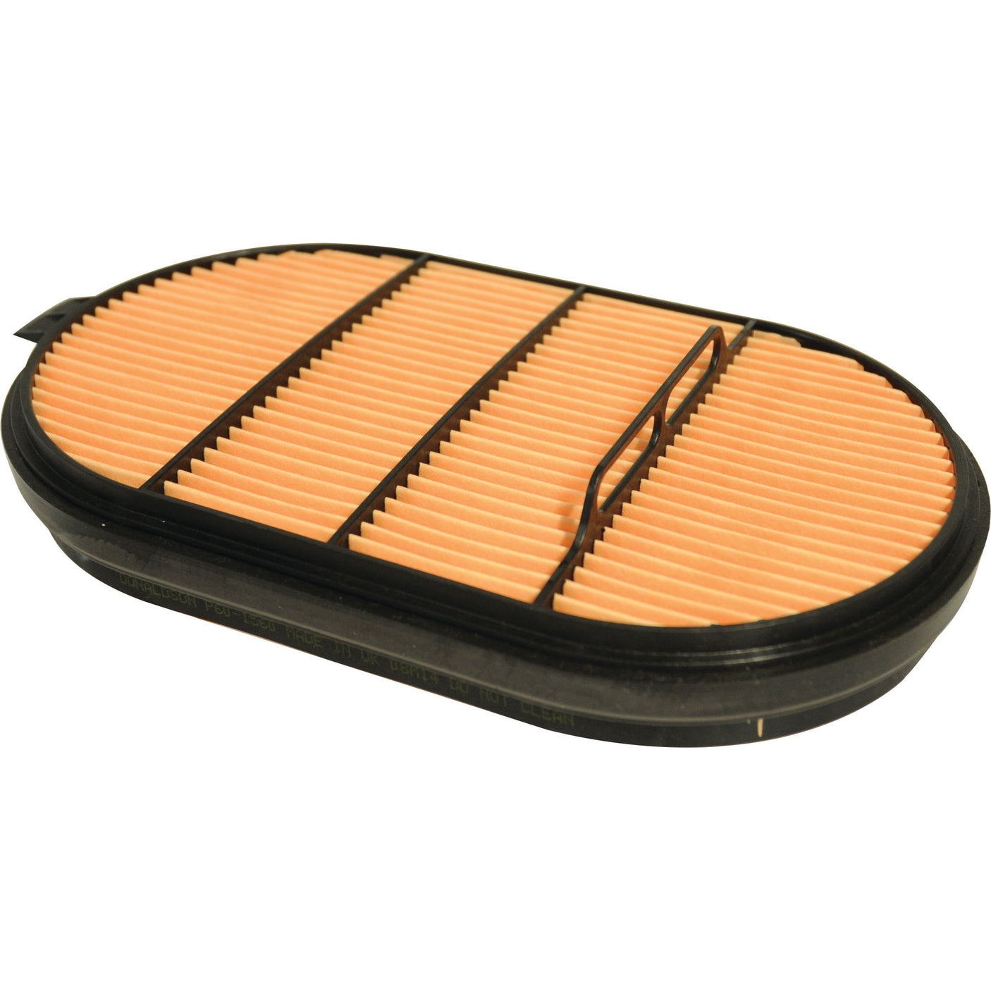 The Sparex Air Filter - Inner (Sparex Part No. S.109703) features an oval-shaped, pleated paper element in a distinctive orange hue and is enclosed in a durable black rubber frame.