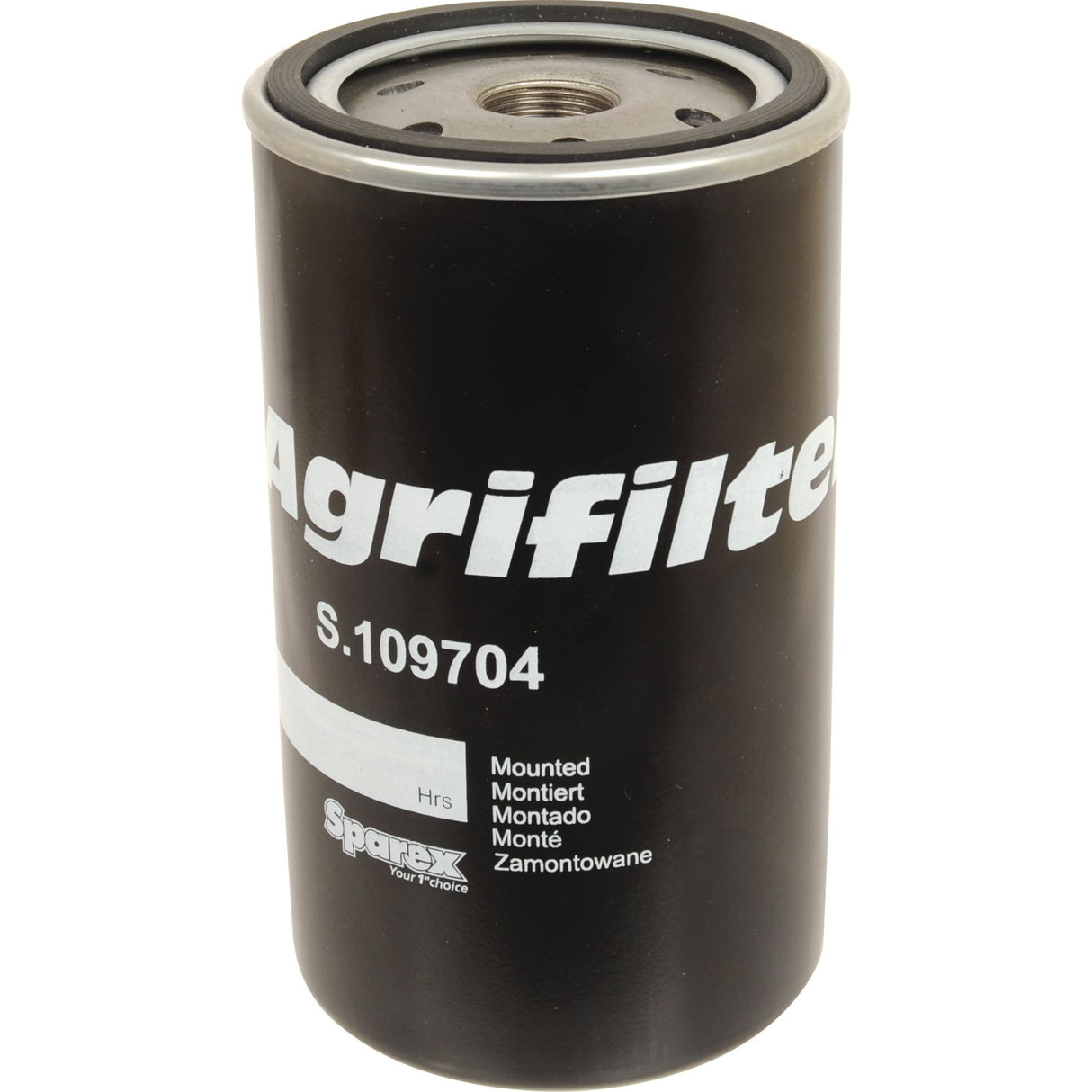 A cylindrical black oil filter, labeled "Sparex Part No. S.109704" with various translations of the word "Mounted." The brand "Sparex" is prominently displayed. This Sparex Spin On Oil Filter ensures reliable performance and compatibility with JCB filters and Donaldson Filters systems.