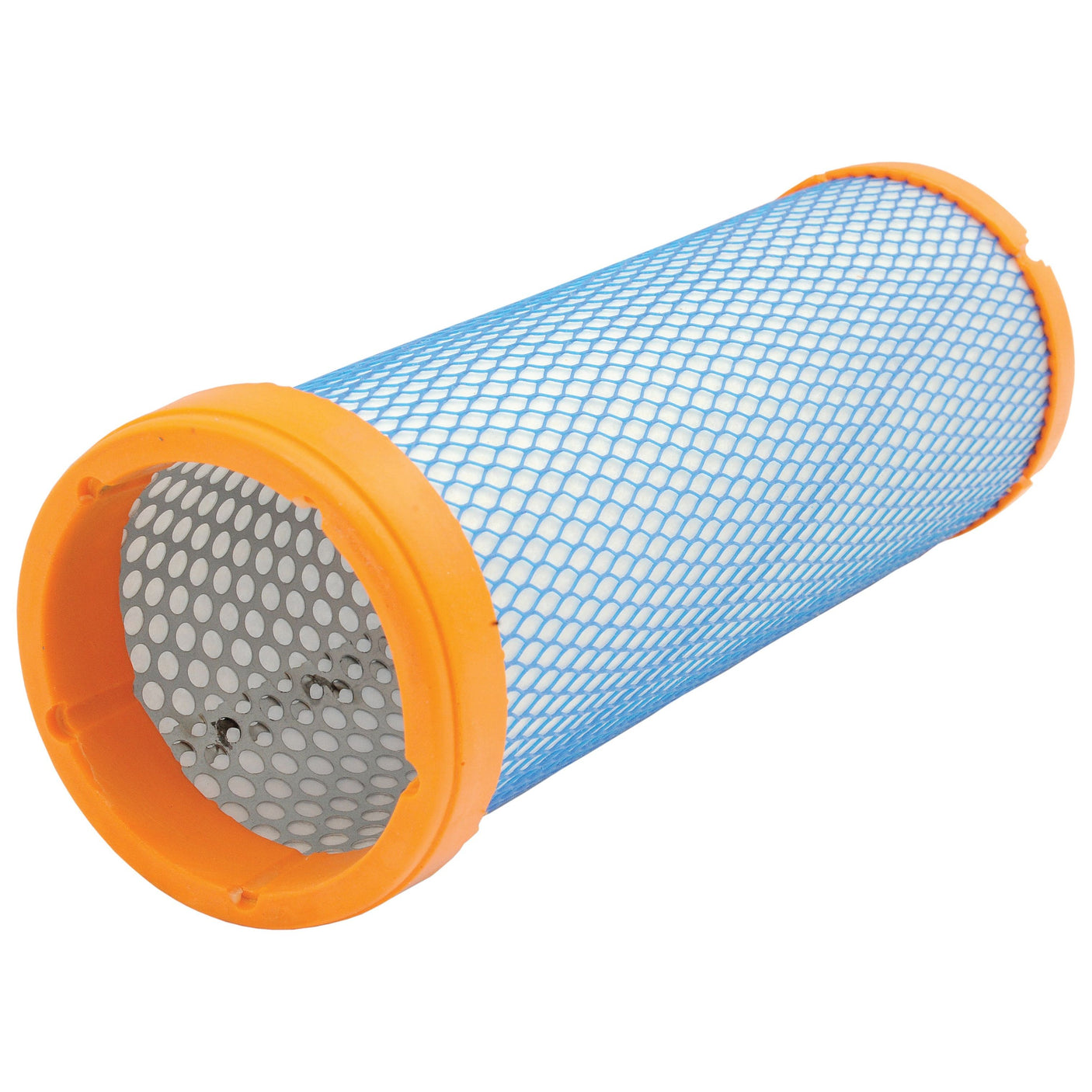 The Sparex Air Filter - Inner (Part No. S.109706) features an orange frame and blue mesh grid, designed for use in machinery or vehicles. The interior boasts a perforated metal lining for added support, embodying the quality expected from Donaldson Filters.