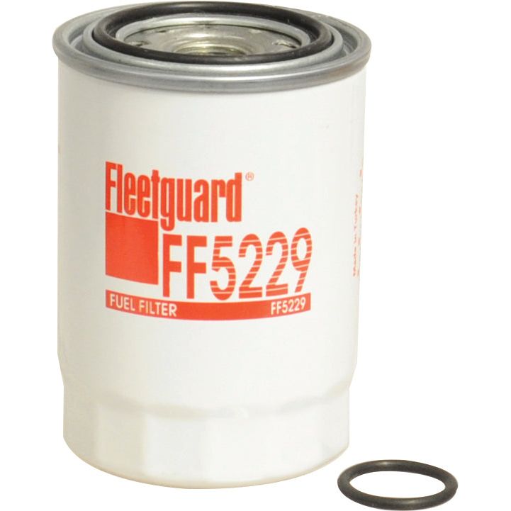 A white Sparex Fuel Filter - Spin On - FF5229 (Sparex Part No.S.109714) with a precise micron rating, accompanied by a small black O-ring gasket, positioned against a plain background.