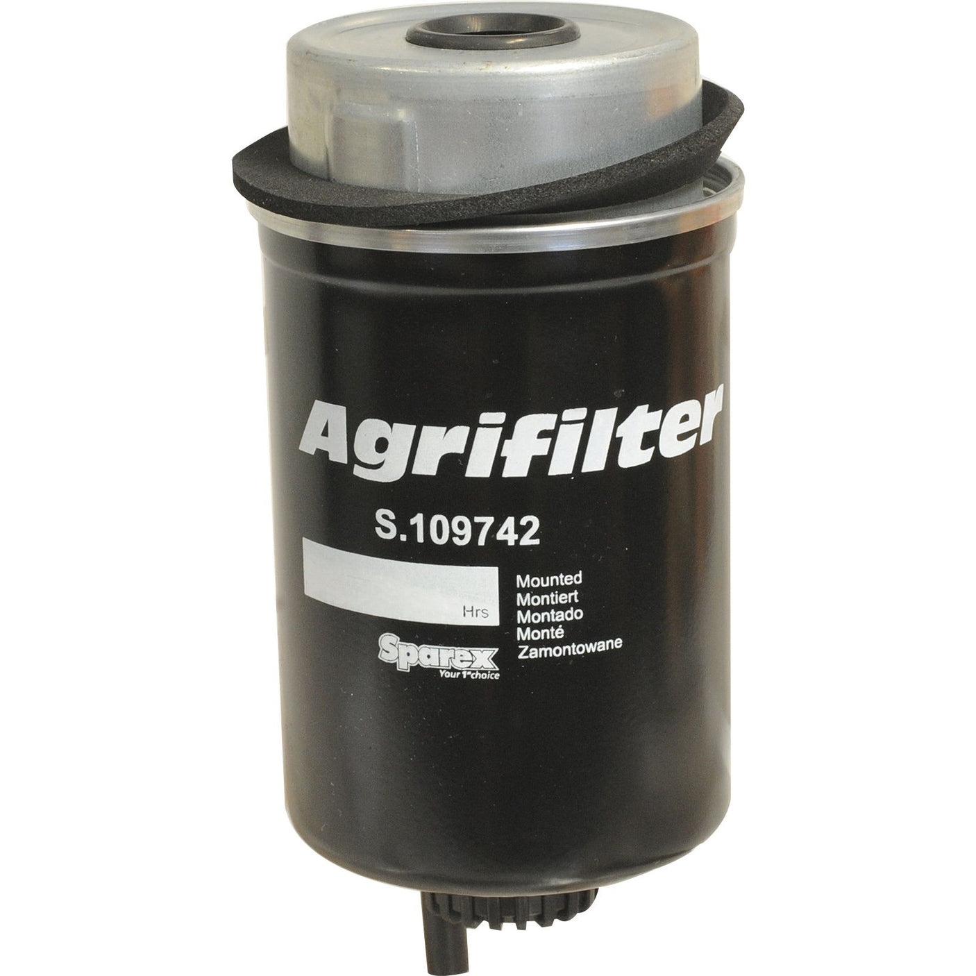 A Fuel Filter - Element, featuring the model number S.109742 by Sparex, is specifically engineered for AGCO V836862600 agricultural machinery. The black filter's branding and surface text affirm its essential role as a fuel filter component, ensuring optimal performance for your equipment.