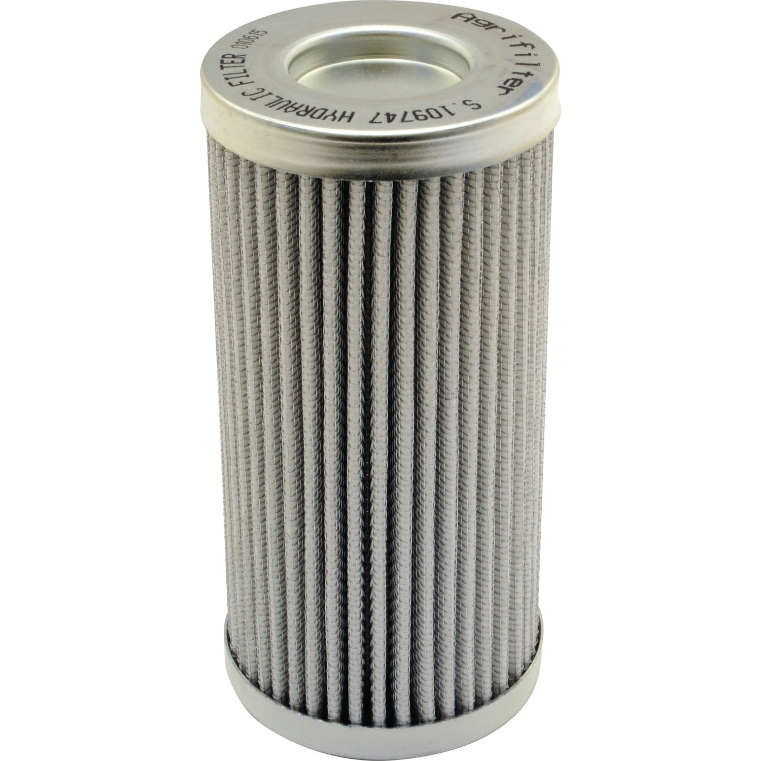 The Sparex Hydraulic Filter - Element (Part No. S.109747) is a cylindrical pleated metal filter featuring a solid top and bottom, labeled with specifications that include an inside diameter of 32mm at End 1, making it compatible with Valmet & Valtra machinery.