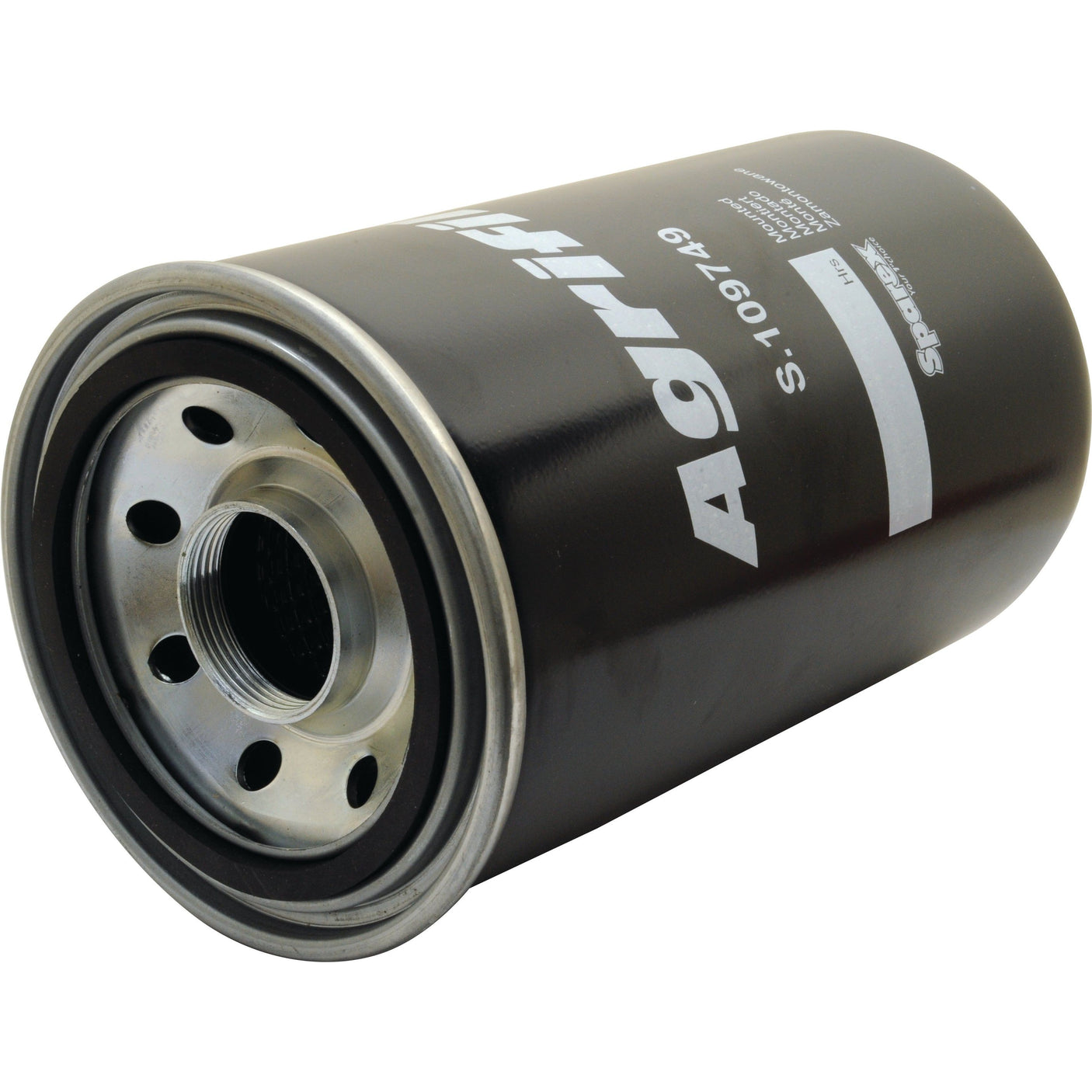 A black cylindrical hydraulic spin-on filter, labeled "Sparex Part No. S.109749" with metal threading and multiple holes around the top edge, resembles the quality found in Donaldson Filters.