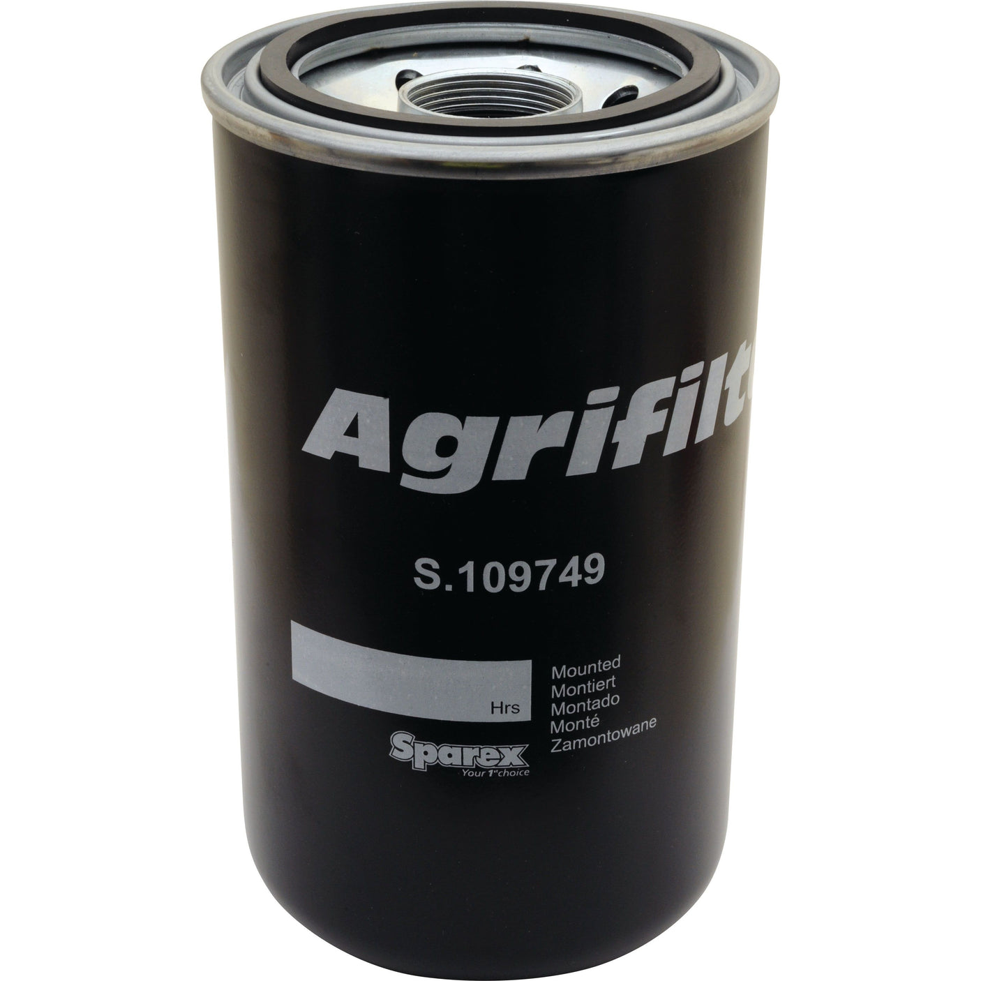 The Hydraulic Filter - Spin On from Sparex, part number S.109749, is a black filter designed for agricultural machinery. Comparable in quality to the Fleetguard HF7950, it includes mounting instructions in multiple languages.