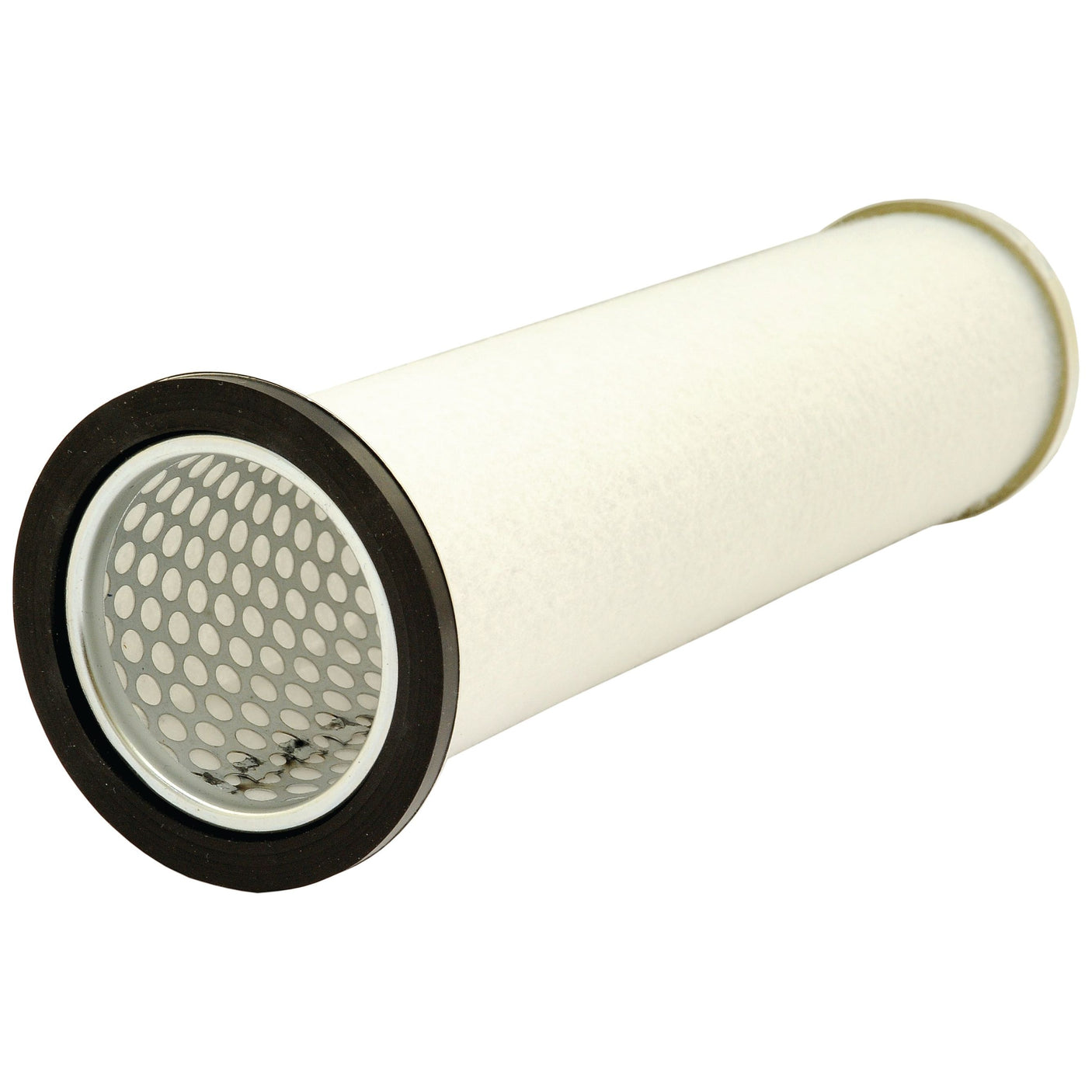 The Air Filter - Inner (Sparex Part No.S.109755) from Sparex, featuring a cylindrical design with a black rubber base, white exterior, and perforated metallic interior for optimal filtration, is suitable for Ford models.