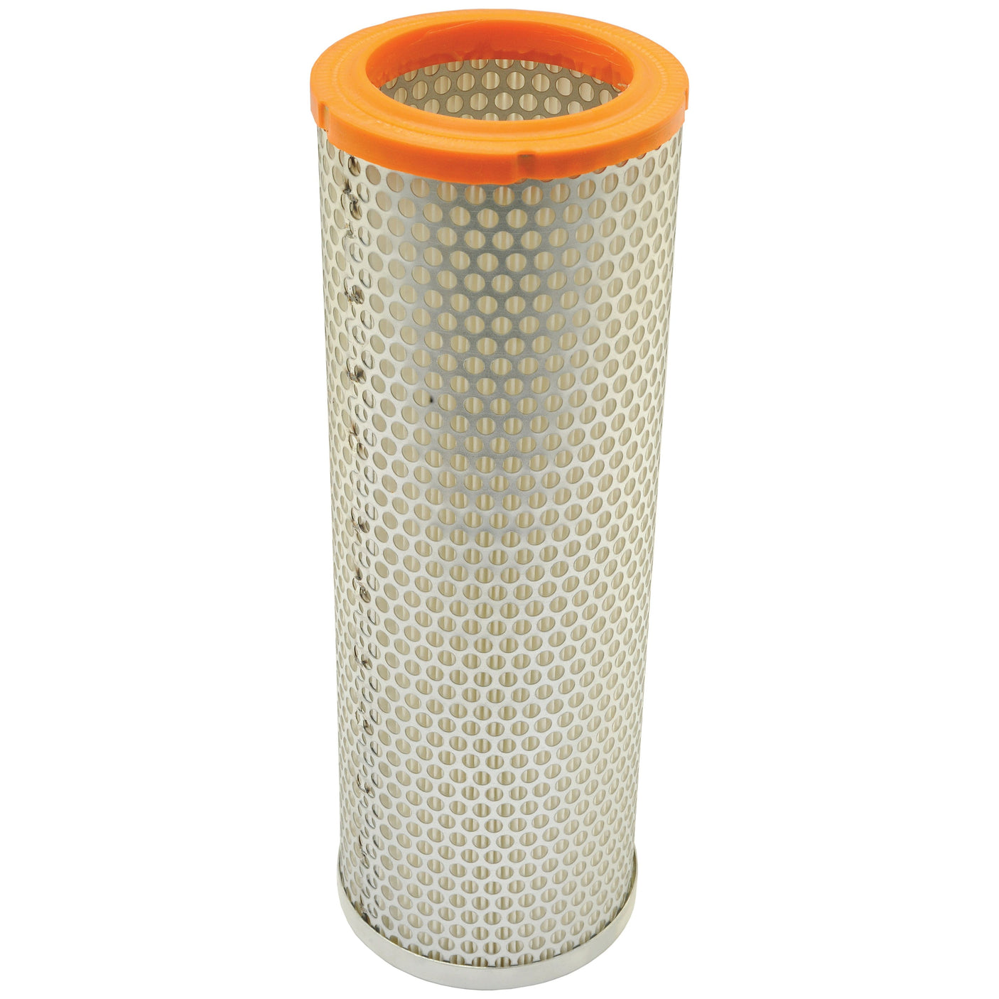 The Air Filter - Inner (Sparex Part No. S.109756) by Sparex is a cylindrical air filter featuring a perforated metal mesh exterior and an orange rubber rim on top, offering reliable performance for demanding applications.