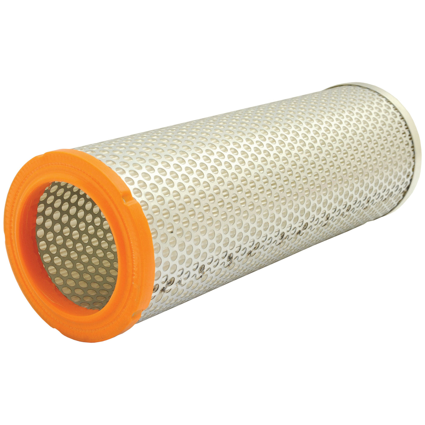 A cylindrical metal mesh filter with a perforated surface and an orange rubber rim on one end, resembling the Sparex Air Filter - Inner (Part No. S.109756), lying horizontally against a white background.