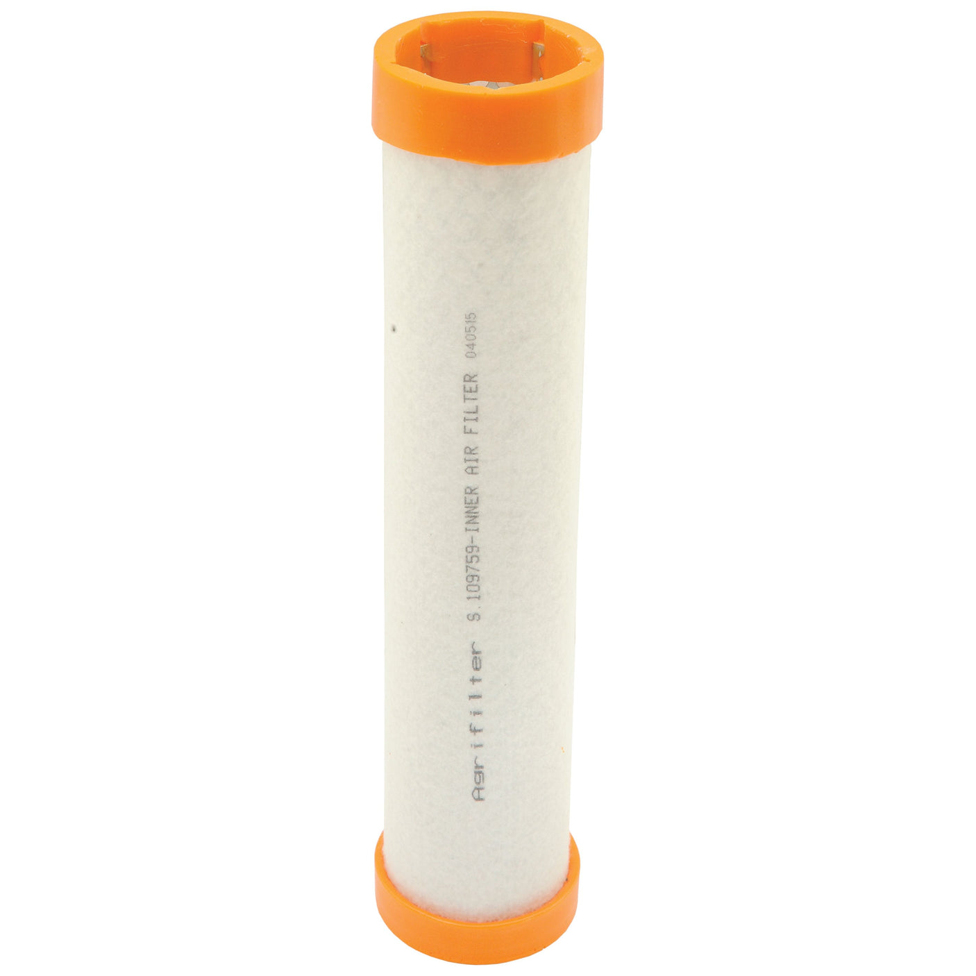 A high-quality Sparex Air Filter - Inner, labeled "S.109759," features distinctive orange caps on both ends and a white cylindrical body. This filter is specifically designed for Massey Ferguson tractors to ensure optimal performance and longevity.