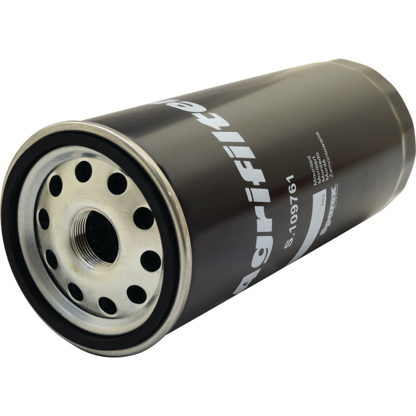 A cylindrical metal oil filter, featuring multiple holes on one end and "Agrifilter" text on the side, is compatible with Deutz-Fahr and labeled as "Oil Filter - Spin On" (Sparex Part No. S.109761) by the brand Sparex.