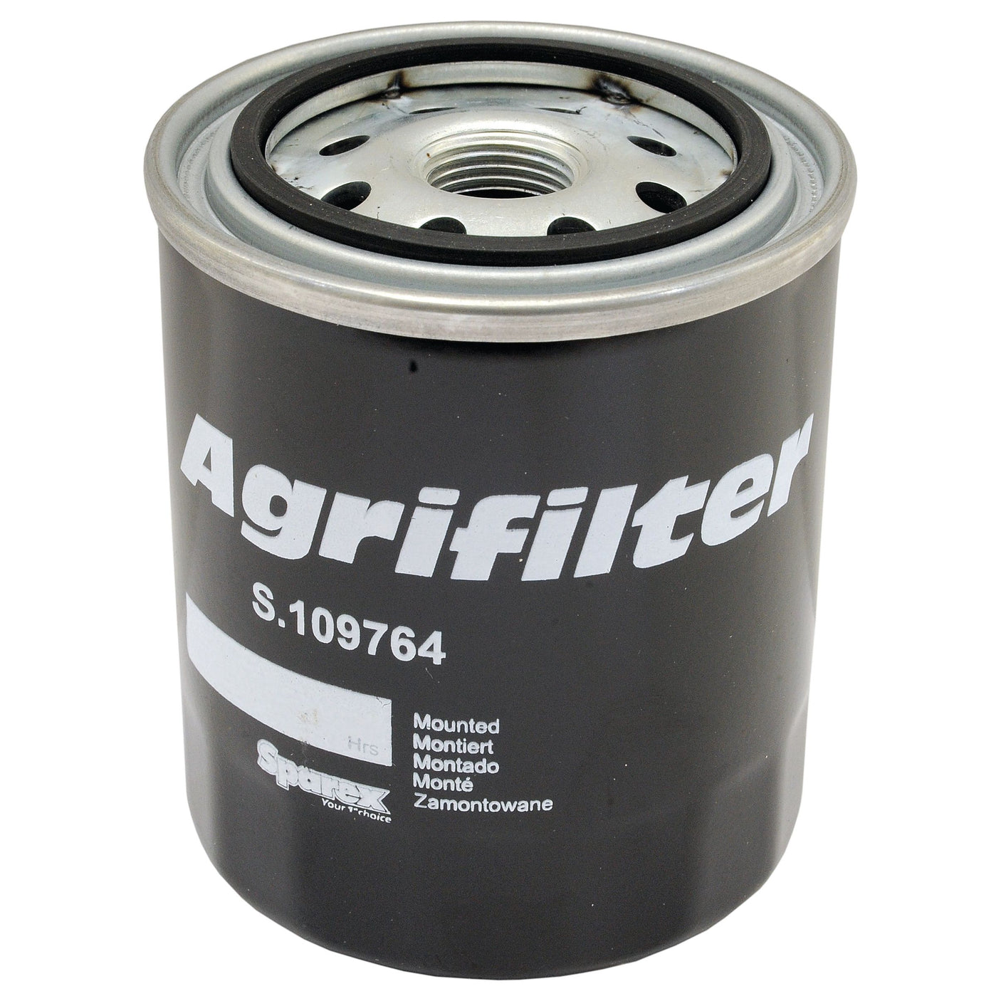 Close-up of a black oil filter labeled "Sparex Oil Filter - Spin On S.109764" with other specifications, including a 3/4 - 16 UN-2B thread, printed on its surface. Designed for Kubota BX tractors.