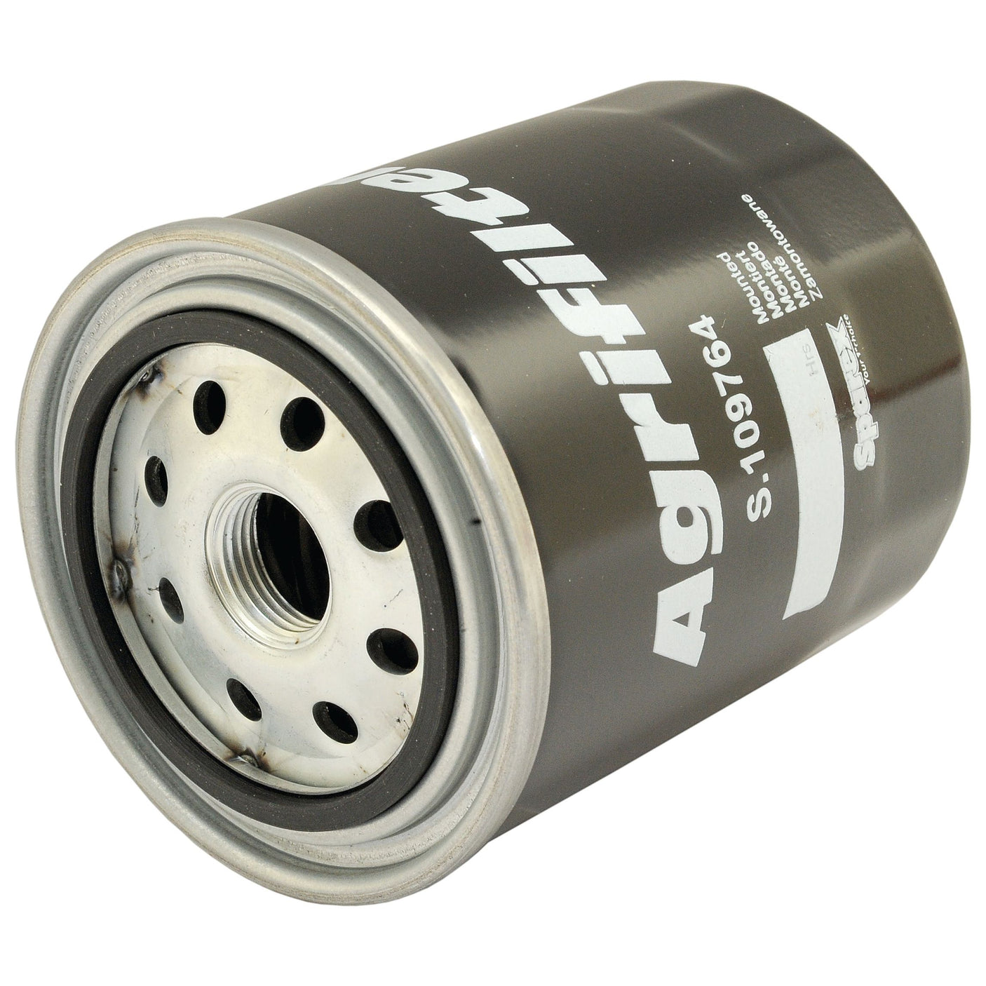 A cylindrical metal oil filter labeled "Oil Filter - Spin On | Sparex Part No. S.109764" is pictured at an angle against a white background. Ideal for Kubota BX tractors, this Sparex product features a 3/4 - 16 UN-2B thread for a secure fit.