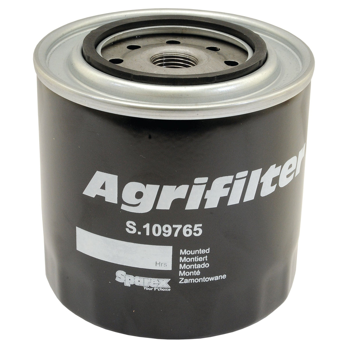 A black Sparex Spin-On Oil Filter (Sparex Part No. S.109765) designed for agricultural machinery like International Harvester FARMALL and Ford New Holland T4.