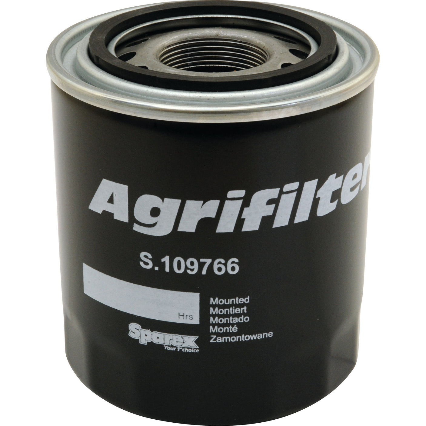 Black cylindrical oil filter designed for Steyr tractors, featuring "Oil Filter - Spin On | Sparex Part No.S.109766" printed on the front, along with additional text indicating mounting information.