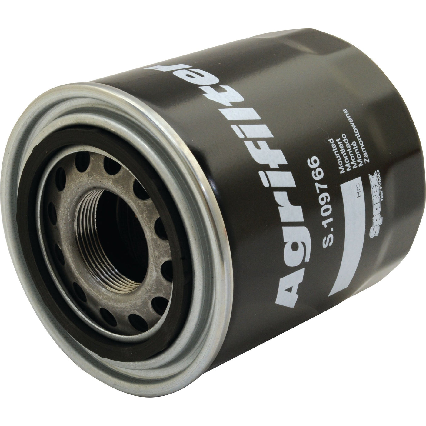 A Sparex Oil Filter - Spin On (Part No. S.109766) compatible with Steyr machinery, featuring metallic openings on one end.