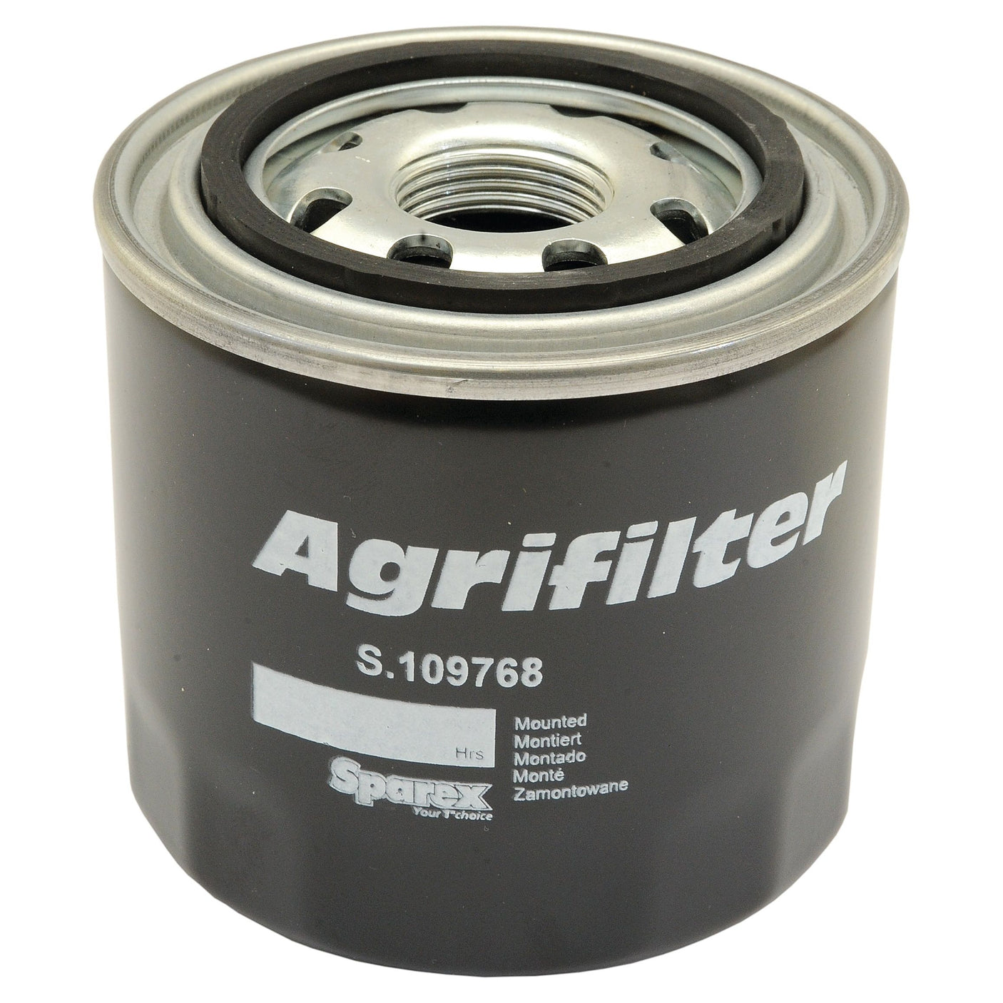 A black and silver cylindrical oil filter branded "Sparex," with part number "S.109768" printed on it, featuring a metric thread size and compatibility with Ford New Holland designs.