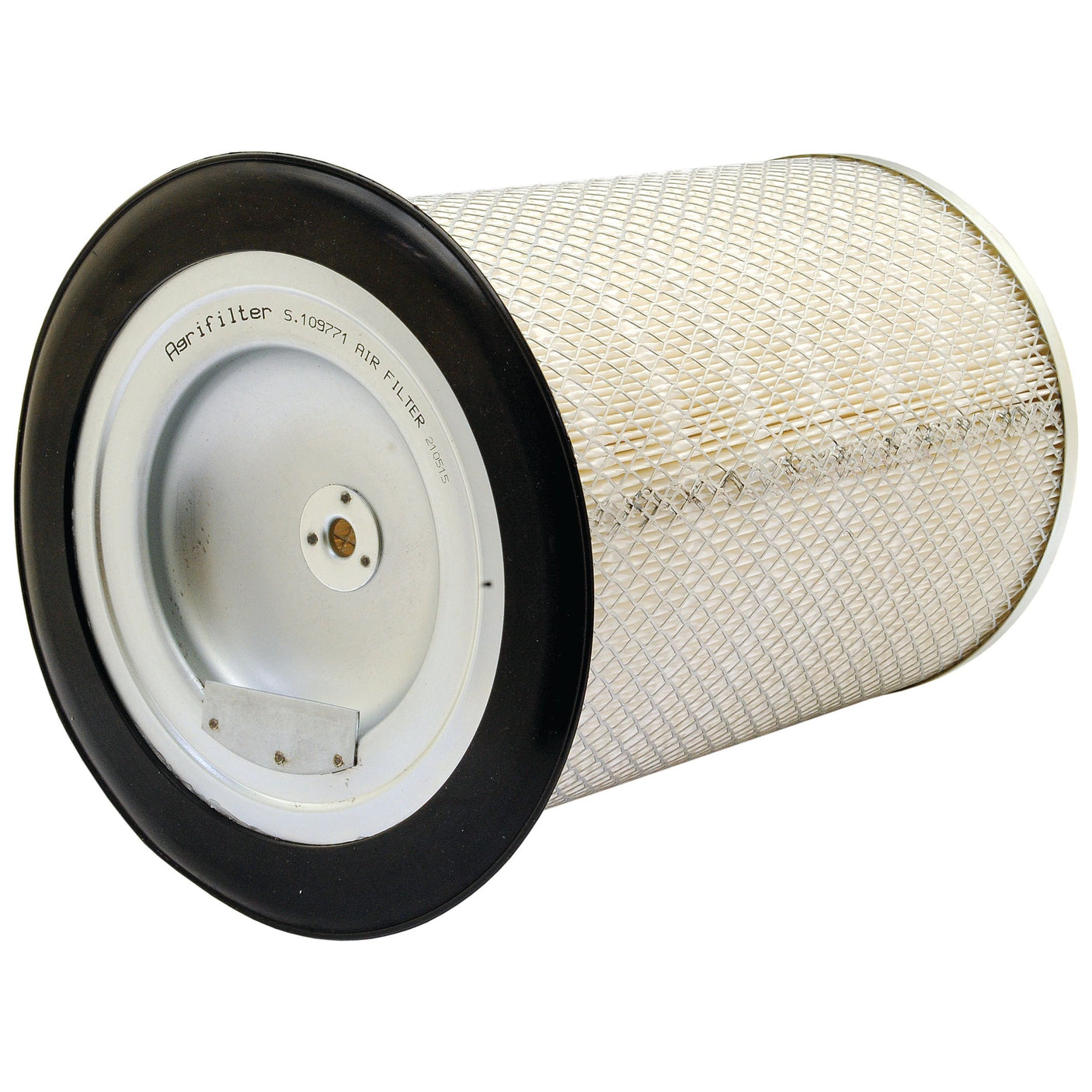 A cylindrical air filter with a metal mesh exterior and a circular plate on one end. The plate features a hole and text that reads, "Sparex S-109771 Air Filter." Ideal for Massey Ferguson machinery, this Sparex Agrifilter ensures optimal performance.