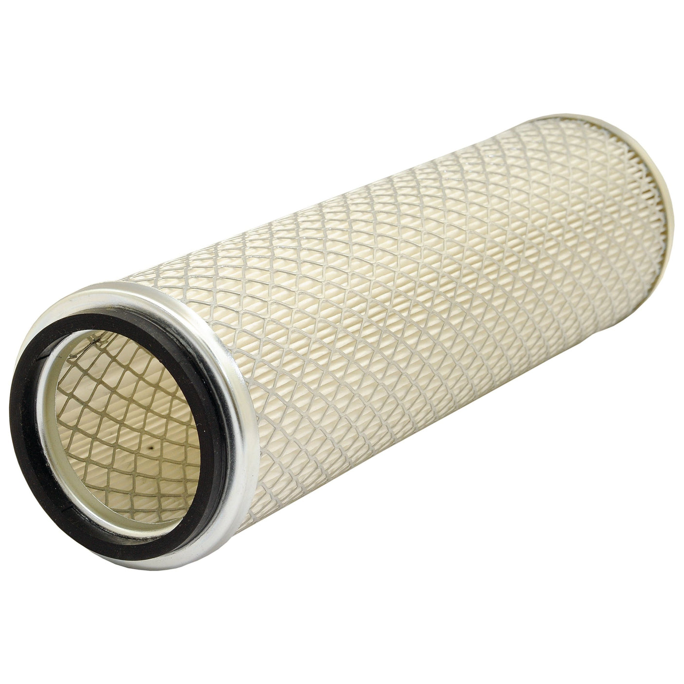 The Sparex Air Filter - S.109772 is a cylindrical air filter with a metal mesh and white paper pleats, designed for Renault vehicles. It features black rubber seals at both ends.