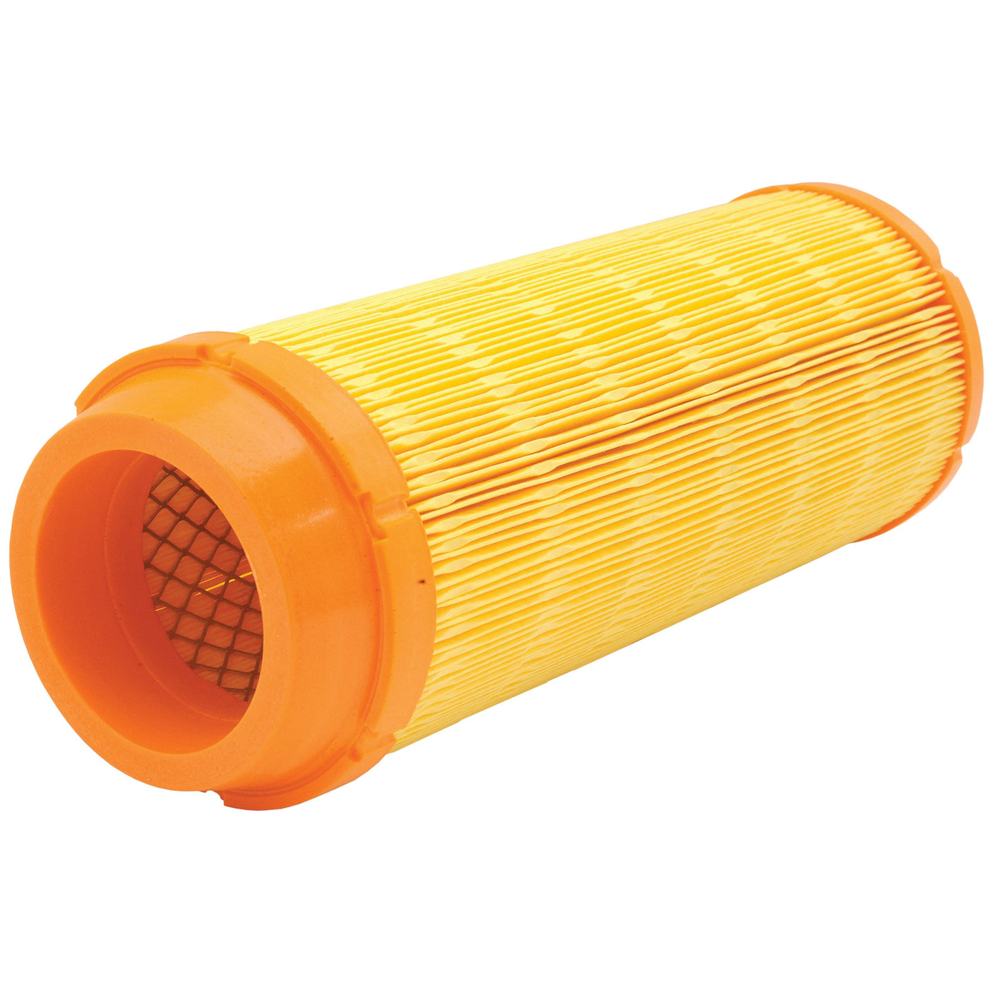 The Sparex Air Filter - Outer (Part No. S.109773) features a cylindrical design with orange end caps and a yellow pleated paper body, making it ideal for filtering particles from airflow in Massey Ferguson engines or HVAC systems.