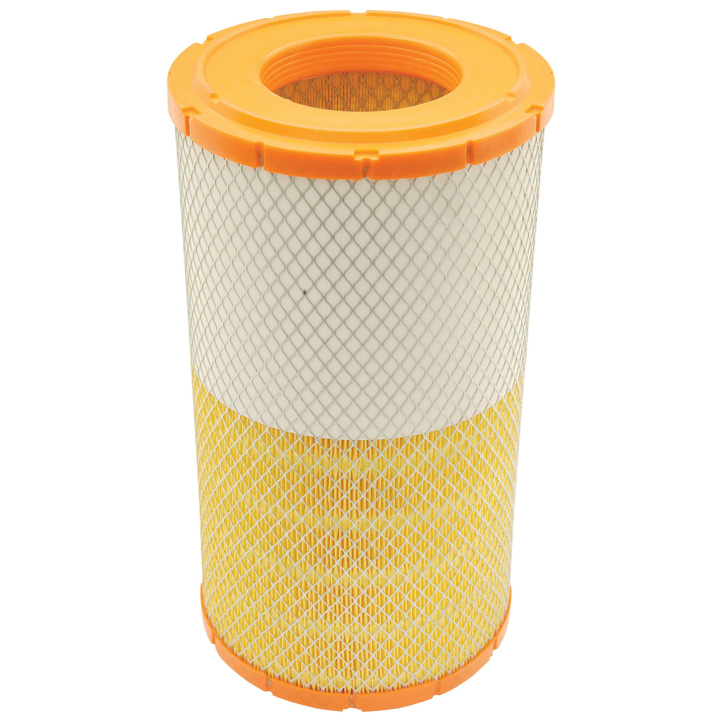 The Sparex Air Filter - Outer (Part No. S.109777) is a cylindrical air filter with orange top and bottom frames, featuring a metallic mesh and yellow inner layer, ideal for Deutz-Fahr AGROTRON tractors.