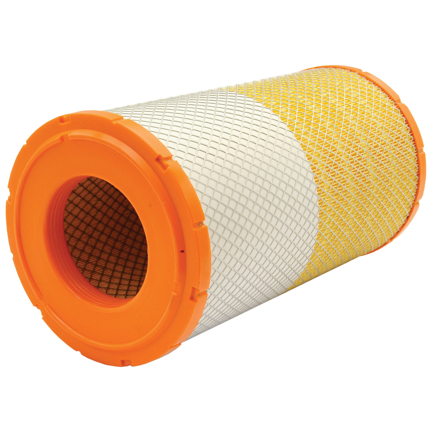 The Sparex Air Filter - Outer (Sparex Part No. S.109777) features an orange plastic frame and a white mesh exterior, making it ideal for use in Deutz-Fahr AGROTRON machinery or other automotive applications.