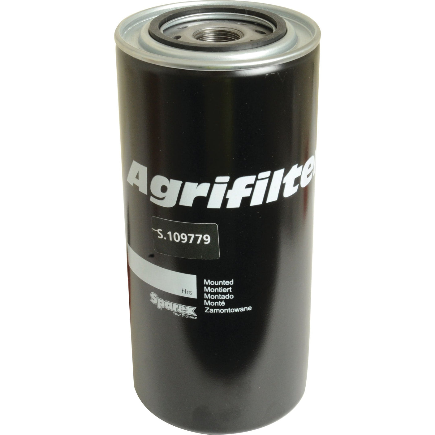 A black, cylindrical Sparex Oil Filter - Spin On with a metallic top, labeled with product number S.109779, compatible as an oil filter for Ford New Holland tractors.