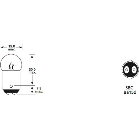 Line drawing of a Sparex Light Bulb (Filament), 24V, 10W, BA15d with dimensions of 19.0 mm diameter, 30.0 mm height, and 7.5 mm base height. Shows top view of the bayonet cap joint labeled SBC Ba15d, indicating a Sparex Part No.S.109958 filament light source (Box 1 pc.).