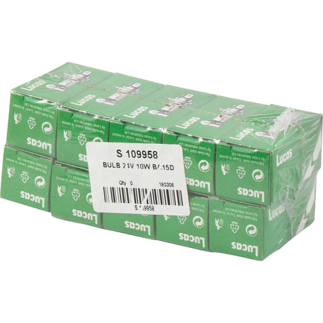 A pack of twelve green boxes each containing a Lucas LLB250 24V 10W BA15d light bulb (Sparex Part No.S.109958) wrapped in plastic, with a white label displaying product information on top.