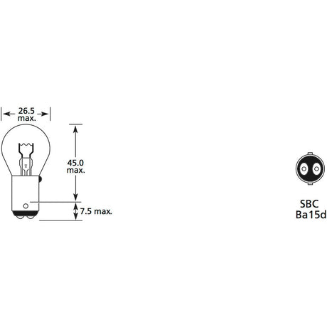 Diagram of the Sparex Light Bulb (Filament), 12V, 21W, SBC BA15d (Sparex Part No.S.109960) with measurements: height 45.0 mm, diameter 26.5 mm, and base height 7.5 mm.