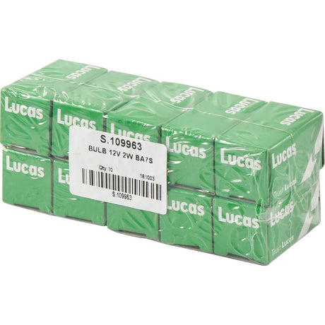 A pack of ten green boxes, each containing one Sparex 12V 2W BA7s filament light bulb (Part No. S.109963), with each box labeled with product information and a barcode.