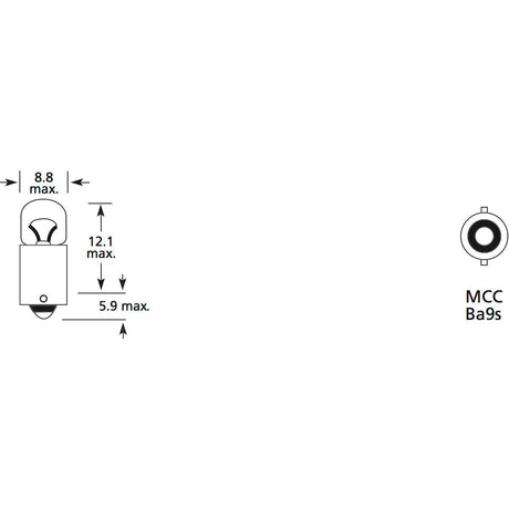 Technical drawing of a Sparex Light Bulb (Filament) with maximum dimensions: 8.8 mm width, 12.1 mm height, 5.9 mm lower width. A top view of the bulb includes markings indicating "MCC Ba9s." Compatible reference numbers include Phillips Number: 12913 and Lucas Number: LLB288. This is a 12V, 2W BA9s bulb available under Sparex Part No.S.109966 in a box containing one piece.