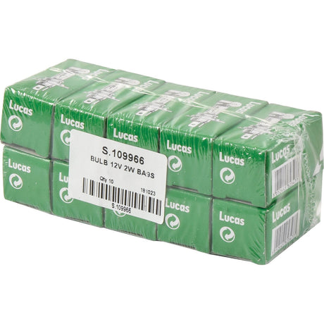 A pack of green Sparex light bulbs, labeled "Product Name: Light Bulb (Filament), 12V, 2W, BA9s (Box 1 pc.) | Sparex Part No. S.109966," containing 10 individually boxed units, wrapped in clear plastic, and cross-referenced with Lucas Number: LLB288.