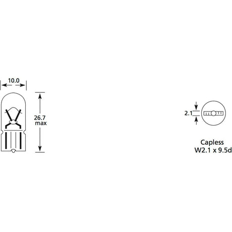 A diagram depicting the dimensions of the Sparex Light Bulb (Filament), 12V, 3W, W2.1x9.5d. This light source with a filament falls under ECE Category W3W and measures 26.7 mm in height, 10 mm in width at its widest point, and has a capless diameter of 2.1 mm (Sparex Part No.S.109969).