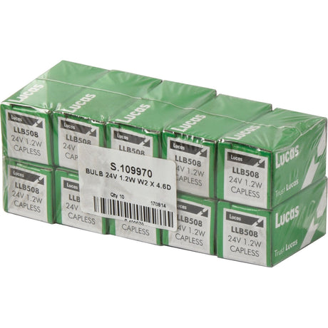 A pack of ten Sparex S.109970 24V, 1W filament light bulbs in green and white packaging.