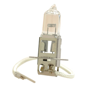 Close-up of a single small Sparex halogen light bulb with a clear glass casing. The 24V 70W PK22s bulb's metal base is attached to a short white wire.