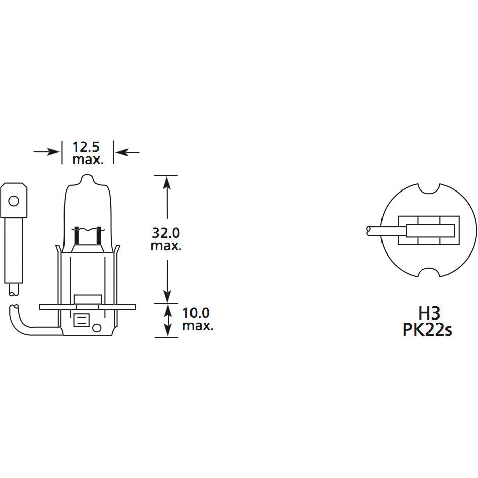 Technical diagram illustrating the dimensions of a Sparex Light Bulb (Halogen), 24V, 70W, PK22s (Box 1 pc.) | Sparex Part No. S.109976, with maximum height, width, and depth measurements specified.