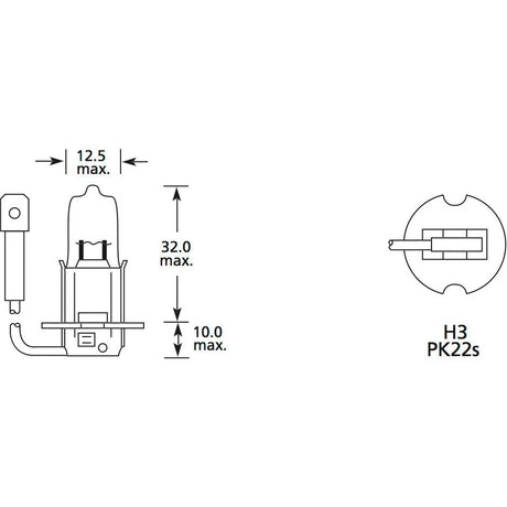 Technical diagram illustrating the dimensions of a Sparex Light Bulb (Halogen), 24V, 70W, PK22s (Box 1 pc.) | Sparex Part No. S.109976, with maximum height, width, and depth measurements specified.