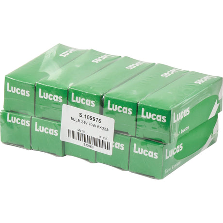 A stack of Sparex brand light bulbs, including the H3 bulb, packaged in green boxes. A label on one box reads "S.109976 Light Bulb (Halogen), 24V, 70W, PK22s (Box 1 pc.).