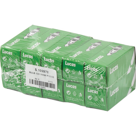 A packaged set of six green Sparex 12V 100W halogen light bulbs, wrapped in plastic with a product label displaying the item number S.109978.