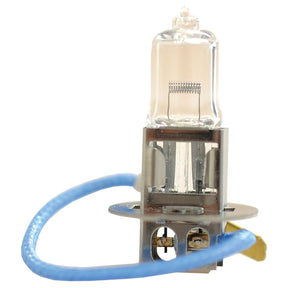 Close-up image of a Sparex Light Bulb (Halogen), 12V, 100W, PK22s with a blue wire attached to its base.