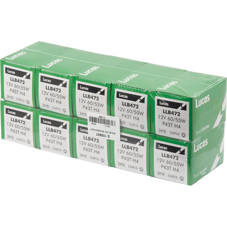 A stack of Sparex S.109987 light bulbs (halogen, 12V, 55W, P43t) in green packaging, arranged in two rows of five boxes each.