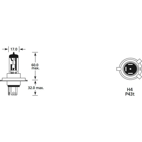 Diagram depicting a halogen light bulb with dimensions. Identified as Sparex Light Bulb (Halogen), 24V, 90W, P43t (Box 1 pc.), Part No.S.109989, it has a maximum length of 60.0 mm and a diameter of 17.0 mm, with base dimensions and specifications shown.