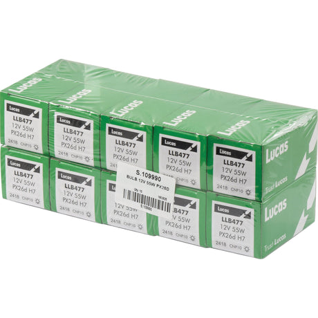 A pack of Sparex S.109990 Light Bulbs (Halogen), featuring green and white packaging, containing ten individual boxes of 12V 55W bulbs with a PX26d fitting.