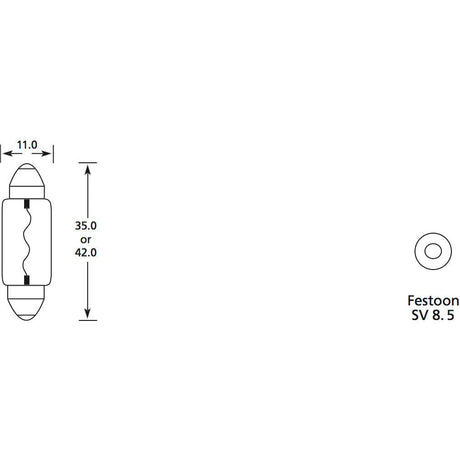 Diagram of a Sparex Light Bulb (Filament), 12V, 5W, SV8.5 (Box 1 pc.) - Part No.S.109996, with a length of 35.0 or 42.0 mm and a width of 11.0 mm, as well as a cross-sectional view.
