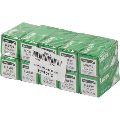 A set of ten green boxes labeled "Sparex S.109996 12V 5W SV8.5" stacked in a 3-2-3-2 formation. Each Filament Light box, specifically the C5W type, features a white barcode tag with text partially covering the middle front boxes.